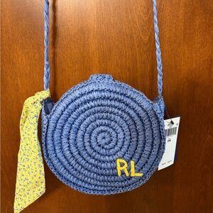 New Ralph Lauren Light Blue Woven Round Crossbody with Yellow 'RL' Embroidery